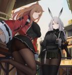  2girls animal_ears arknights belt black_footwear black_gloves black_shirt black_skirt boots breasts brown_hair brown_legwear building bunny_ears cat_ears closed_mouth cropped_jacket day elbow_gloves gg-e gloves high_heels highres jacket large_breasts leg_up long_hair long_sleeves looking_at_viewer miniskirt multiple_girls open_clothes open_jacket outdoors panties pantyhose pleated_skirt red_jacket savage_(arknights) shirt silver_eyes silver_hair skirt skyfire_(arknights) standing standing_on_one_leg thigh_boots thighhighs underwear white_panties 