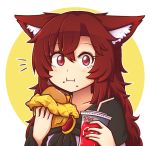  1girl :t animal_ear_fluff animal_ears bangs blush brooch brown_hair circle coca-cola collarbone commentary_request cup disposable_cup dress drinking_straw eating english_commentary eyebrows_visible_through_hair eyelashes food food_on_face hair_between_eyes hamburger holding holding_cup holding_food imaizumi_kagerou jewelry long_hair long_sleeves looking_at_viewer mcdonald&#039;s nail_polish outline red_eyes red_nails simple_background smile solo touhou white_background white_dress white_outline wolf_ears wool_(miwol) 
