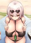  1girl alternate_costume azur_lane bangs beach bikini black_bikini blush breast_squeeze breasts cleavage collarbone commentary_request cucumber eyebrows_visible_through_hair eyewear_on_head frilled_cuffs from_above hair_between_eyes heart heart-shaped_eyewear huge_breasts looking_at_viewer looking_up o-ring o-ring_top outdoors red_eyes sexually_suggestive sheer_clothes short_hair sirius_(azur_lane) sirius_(midsummer_seirios)_(azur_lane) sitting solo sunglasses swimsuit tosaka_(tosaka0001) white_hair wrist_cuffs 
