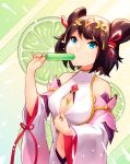  1girl bangs blue_eyes breasts brown_hair china_dress chinese_clothes cleavage_cutout commentary detached_sleeves dragalia_lost dress english_commentary eyebrows_visible_through_hair food headpiece highres lin_you looking_at_viewer navel navel_cutout pink_dress popsicle ricegnat short_hair small_breasts solo standing swept_bangs upper_body 