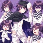  black_hair black_headwear cape checkered checkered_scarf chibi clenched_hands commentary_request crying danganronpa evil_grin evil_smile eyebrows_visible_through_hair face_mask grin hair_between_eyes hat heart highres holding holding_mask looking_at_viewer male_focus mask mask_removed multiple_views nabekokoa new_danganronpa_v3 ouma_kokichi purple_eyes purple_hair scarf shaded_face simple_background smile straitjacket symbol-shaped_pupils tears teeth 