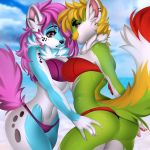  1:1 2019 5_fingers anthro big_breasts big_butt black_nose blonde_hair blue_fur breasts butt canid canine clothed clothing day detailed_background digital_media_(artwork) duo female fur green_fur hair hi_res mammal navel nitricacid outside pink_hair sky smile standing 