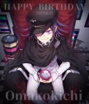  1boy artist_name black_footwear black_hair black_headwear blue_flower cape chair character_name checkered checkered_scarf commentary_request danganronpa dated explosive eyebrows_visible_through_hair eyes_visible_through_hat flower from_above grenade happy_birthday hat highres holding jacket long_sleeves looking_at_viewer male_focus nanin new_danganronpa_v3 ouma_kokichi pants purple_eyes purple_hair scarf short_hair sitting smile solo straitjacket torn_clothes twitter_username umbrella 