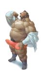  2019 anthro blush brown_fur bulge clothed clothing erection fur hi_res humanoid_hands male mammal open_shirt overweight overweight_male penis seikeikei2015 shirt solo topwear underwear ursid 