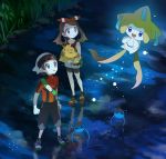  1boy 1girl bike_shorts black_pants black_shorts blue_eyes bow brown_hair clenched_hands collarbone floating_hair from_above hair_bow hairband haruka_(pokemon) hat holding holding_pokemon jacket jirachi looking_up night outdoors pants parted_lips pokemon pokemon_(creature) pokemon_(game) pokemon_rse popcorn_91 red_hairband red_jacket red_shirt reflecting_pool shirt short_shorts short_sleeves shorts shorts_under_shorts shroomish sleeveless sleeveless_shirt striped striped_bow surskit twintails white_headwear white_shorts yuuki_(pokemon) 