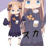  1girl abigail_williams_(fate/grand_order) bangs bendy_straw black_bow black_dress black_footwear blonde_hair bloomers blue_eyes bow bubble_tea bubble_tea_challenge bug butterfly chibi commentary cup disposable_cup dress drinking_straw empty_eyes failure fate/grand_order fate_(series) forehead hair_bow hands_up highres insect long_hair long_sleeves mouth_hold no_hat no_headwear orange_bow parted_bangs polka_dot polka_dot_bow purple_background shoes sleeves_past_fingers sleeves_past_wrists solo su_guryu translated two-tone_background underwear very_long_hair white_background white_bloomers zoom_layer 