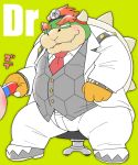  2019 anthro blush bottomwear bowser clothing cute_fangs doctor green_background humanoid_hands japanese_text koopa male mario_bros necktie nintendo overweight overweight_male pants scalie shirt simple_background sitting text topwear video_games wantaro 