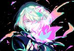  1boy black_jacket cravat fire frills gloves green_hair imai_(wana) jacket jewelry lio_fotia looking_at_viewer male_focus open_palm promare purple_eyes solo 