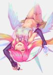  1girl angel_wings arqa breasts bridal_gauntlets commentary crop_top feathered_wings gloves gradient_eyes gradient_hair jibril_(no_game_no_life) long_hair looking_at_viewer low_wings midriff multicolored multicolored_eyes multicolored_hair navel no_game_no_life open_mouth orange_eyes pink_hair sideboob single_thighhigh smile solo thighhighs very_long_hair wing_ears wings yellow_eyes 