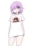 1girl :q blush_stickers breasts chan_co eyebrows_visible_through_hair fate/grand_order fate_(series) hair_over_one_eye heart looking_at_viewer mash_kyrielight purple_eyes purple_hair shirt short_hair simple_background smile solo t-shirt tongue tongue_out white_background 