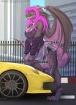  anthro breasts candy car clothed clothing dragon excitedcargoyle female fishnet food hi_res horn lollipop looking_at_viewer outside porsche solo tongue tongue_out vehicle wings 