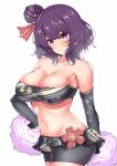  1girl bandeau bangs bare_shoulders black_shorts black_skirt blush breasts cleavage closed_mouth collarbone detached_sleeves fate/grand_order fate_(series) floral_print hair_bun hair_ribbon hand_on_hip highres katsushika_hokusai_(fate/grand_order) large_breasts looking_at_viewer microskirt navel pom_poms purple_eyes purple_hair ribbon sankakusui short_hair short_shorts shorts simple_background skirt smile solo swept_bangs white_background 