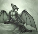  2016 abs anthro balls claws digitigrade dragon flaccid hi_res horn klongi looking_at_viewer male membrane_(anatomy) membranous_wings monochrome muscular nude pecs penis reptile scalie simple_background solo teeth wings 