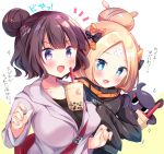  2girls :d abigail_williams_(fate/grand_order) animal bag bangs beige_background black_bow black_jacket black_shirt blonde_hair blue_eyes blush bow breasts bubble_tea bubble_tea_challenge collarbone commentary_request crossed_bandaids cup disposable_cup drinking_straw eyebrows_visible_through_hair fate/grand_order fate_(series) fingernails grey_jacket hair_bow hair_bun hair_ornament heroic_spirit_traveling_outfit hood hood_down hooded_jacket jacket katsushika_hokusai_(fate/grand_order) long_hair long_sleeves masayo_(gin_no_ame) medium_breasts multiple_girls object_on_breast octopus open_mouth orange_bow parted_bangs polka_dot polka_dot_bow purple_eyes purple_hair shirt shoulder_bag sleeves_past_fingers sleeves_past_wrists smile tokitarou_(fate/grand_order) translation_request two-tone_background upper_body v-shaped_eyebrows white_background 