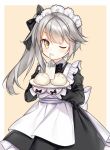  1girl alternate_costume apron bangs baozi black_bow black_dress blush bow brown_background brown_eyes cup dress drinking_glass drinking_straw enmaided eyebrows_visible_through_hair food frilled_dress frills grey_hair hair_bow holding holding_plate juliet_sleeves long_hair long_sleeves maid maid_apron maid_headdress milk ning_hai_(warship_girls_r) one_eye_closed parted_lips plate puffy_sleeves side_ponytail sidelocks solo tengxiang_lingnai two-tone_background v-shaped_eyebrows warship_girls_r white_apron white_background 