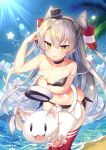  &gt;:) 1girl amatsukaze_(kantai_collection) animal arm_up bangs bare_back bare_shoulders beach bikini black_bikini black_choker black_hairband blue_sky cat choker clothes_theft cloud cloudy_sky collarbone commentary_request day eyebrows_visible_through_hair fingernails hair_between_eyes hair_tubes hairband hat highres horizon kantai_collection leaning_forward long_hair looking_at_viewer military_hat navel ocean outdoors palm_tree peaked_cap red_legwear sand silver_hair sky solo standing star swimsuit swimsuit_theft tahya theft thighhighs tree two_side_up v-shaped_eyebrows very_long_hair water white_headwear yellow_eyes 