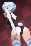  1girl alice_gear_aegis animal_ears ass back bear_ears bear_tail blue_eyes blue_hair blush breasts commentary_request cowboy_shot looking_back nina_kalinina school_swimsuit shimada_fumikane solo striped striped_legwear swimsuit tail thighhighs 