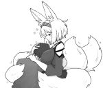  1boy 1girl animal_ear_fluff animal_ears bare_shoulders between_breasts breasts couple fox_ears fox_tail hairband head_between_breasts hug latenight monochrome multiple_tails original short_hair smile tail upper_body white_background 