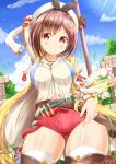  &gt;:) 1girl arm_up ass_visible_through_thighs atelier_(series) atelier_ryza bangs bare_shoulders belt belt_buckle beret black_ribbon blue_belt blue_sky blush breasts brown_belt brown_eyes brown_hair buckle closed_mouth cloud cloudy_sky collarbone commentary_request cowboy_shot day eyebrows_visible_through_hair hat highres jacket jewelry large_breasts long_sleeves necklace open_clothes open_jacket outdoors puffy_long_sleeves puffy_sleeves red_shorts reisalin_stout ribbon round-bottom_flask shirt short_shorts shorts sky sleeveless_jacket smile solo star star_necklace thighhighs v-shaped_eyebrows vial white_headwear white_legwear white_shirt yellow_jacket zenon_(for_achieve) 