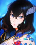  1girl black_hair bloodstained:_ritual_of_the_night blue_eyes brown_hair detached_sleeves gradient_hair hair_between_eyes hair_ornament highres horns ilya_kuvshinov looking_at_viewer miriam_(bloodstained) multicolored_hair short_hair simple_background solo stained_glass tattoo 