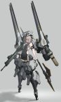  1girl absurdres assault_rifle bare_shoulders breasts cannon commentary_request eyebrows_visible_through_hair eyes_visible_through_hair full_body grey_background gun headgear highres looking_at_viewer mecha_musume mechanical_halo oota_youjo original pink_eyes pointy_ears polearm ribs rifle science_fiction shoulder_cannon small_breasts solo spear weapon white_hair 