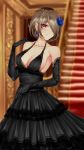  1girl absurdres black_dress black_gloves blue_earrings blue_flower blue_rose blurry blurry_background breasts brown_hair cleavage collarbone commentary_request dress elbow_gloves eyebrows_visible_through_hair flower gloves grin hair_flower hair_ornament hair_over_one_eye halterneck heart heart-shaped_pupils highres honkai_(series) honkai_impact_3rd indoors large_breasts looking_at_viewer mole mole_under_eye red_eyes rita_rossweisse rose ruo_zhishi_chu_jian short_hair smile solo stairs standing symbol-shaped_pupils 