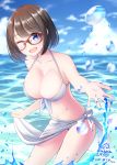  1girl ;d bangs bare_arms bare_shoulders bikini blue_eyes blue_sky blurry blurry_background blush breasts brown_hair cleavage cloud cloudy_sky collarbone commentary_request dated day detached_sleeves eyebrows_visible_through_hair glasses horizon large_breasts leaning_forward navel nekobaka ocean one_eye_closed open_mouth original outdoors red-framed_eyewear sarong signature sky smile solo splashing standing swimsuit twitter_username water water_drop white_bikini white_sarong 