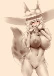  animal_ear_fluff animal_ears blush bracelet breasts ears_through_headwear fate/grand_order fate_(series) fox_ears fox_girl fox_tail hat hayama_kazusa highres jewelry large_breasts monochrome nipples sepia shirt shirt_lift side-tie_bottom straw_hat sun_hat t-shirt tail tamamo_(fate)_(all) tamamo_no_mae_(swimsuit_lancer)_(fate) 