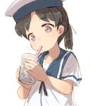  1girl alchera black_hair blue_sailor_collar brown_eyes bubble_tea commentary_request dress drinking_straw hat hiburi_(kantai_collection) kantai_collection low_ponytail sailor_collar sailor_dress sailor_hat shoes short_hair short_sleeves simple_background sipping socks solo upper_body uwabaki white_background white_dress white_headwear white_legwear 