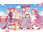  &gt;_&lt; 1girl 5boys akutsu_mabu arm_around_shoulder azuma_sara belt black_footwear black_hair blush bridge brown_footwear brown_hair clenched_hand closed_eyes cloud day everyone freckles glasses hat henshin highres holding jinnai_enta kappa keppi kinu_(kinuhoshizora21) kuji_toi mob_cap multiple_boys necktie niiboshi_reo open_mouth outdoors pants pink_footwear police police_hat police_uniform red_eyes ribbon-trimmed_sleeves ribbon_trim sarazanmai school_uniform sharp_teeth shirt short_sleeves sign smile sweater_vest teeth uniform walking white_hair white_shirt wide_sleeves yasaka_kazuki 