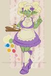  2018 4_fingers abstract_background apron biped blonde_hair blue_eyes bread claws clothed clothing cupcake digital_media_(artwork) dress ear_piercing eyebrows female food footwear front_view full-length_portrait fully_clothed goblin green_eyebrows green_skin hair hi_res holding_object humanoid legwear looking_at_viewer piercing portrait potionmastercernun purple_clothing purple_dress shoes socks solo standing watermark white_clothing white_legwear white_socks 