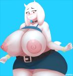  absurd_res anthro belt big_breasts blue_background blush boss_monster bovid breasts caprine clothed clothing eyelashes female fladdykin floppy_ears fur hi_res horn huge_breasts mammal nipples red_eyes simple_background solo toriel undertale video_games white_fur 