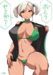  1girl ass_visible_through_thighs bangs bare_shoulders bikini breasts choker cleavage covered_nipples dark_skin earbuds earphones eyebrows_visible_through_hair green_bikini green_nails highres jacket looking_at_viewer navel open_clothes open_jacket original platinum_blonde_hair purple_eyes shiny shiny_skin short_twintails solo souryu swimsuit translation_request twintails 