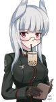  1girl bangs blush book breasts bubble_tea bubble_tea_challenge cup drink drinking drinking_straw eyebrows_visible_through_hair glasses head_wings heidimarie_w_schnaufer large_breasts long_hair looking_at_viewer military military_uniform object_on_breast red_eyes shirt signature simple_background solo strike_witches uniform white_background white_hair world_witches_series 