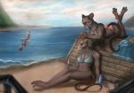  2019 anthro avian bird bra breasts clothed clothing day detailed_background digital_media_(artwork) female feral group honovy_(character) mammal murid murine outside rat rodent sitting sky underwear water xtrasis 
