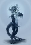  2016 anthro asian_mythology claws digitigrade dragon east_asian_mythology eastern_dragon erection eyes_closed fur hair hand_behind_head hi_res horn klongi male monochrome mythology nude penis pose reptile scales scalie simple_background smile solo standing toe_claws whiskers 