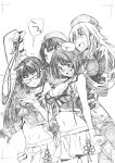  4girls :d absurdres atago_(kantai_collection) bangs bikini blush breasts choukai_(kantai_collection) cleavage eyebrows_visible_through_hair glasses gloves graphite_(medium) greyscale hair_ornament hat hat_ribbon headgear height_difference highres hip_focus kantai_collection kojima_takeshi long_hair long_sleeves maya_(kantai_collection) micro_bikini midriff mini_hat miniskirt monochrome multiple_girls navel open_mouth ribbon short_hair skirt smile sweat swimsuit swimsuit_over_clothes takao_(kantai_collection) traditional_media uniform x_hair_ornament 