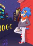  2018 against_wall anthro black_eyebrows black_nose blue_fur blue_tail bottomwear building city clothed clothing detailed_background digital_media_(artwork) eulipotyphlan eyebrows footwear fully_clothed fur gravewalker hand_in_pocket headphones hedgehog holding_object hoodie male mammal night on_one_leg outside pants pockets ring shoes signature sky smile solo sonic_(series) sonic_the_hedgehog standing star starry_sky white_bottomwear white_clothing white_pants 