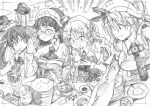  /\/\/\ 5girls absurdres asphyxiation bangs bismarck_(kantai_collection) blunt_bangs blush breasts chopsticks dessert detached_sleeves eating flying_sweatdrops food food_in_mouth glasses graphite_(medium) greyscale hair_ribbon hat headdress headgear highres holding holding_food kantai_collection kojima_takeshi large_breasts libeccio_(kantai_collection) littorio_(kantai_collection) long_hair long_sleeves monochrome multiple_girls open_mouth ribbon roma_(kantai_collection) sushi sweat traditional_media twintails wavy_hair 