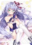  1girl :o azur_lane bangs baton_(instrument) blue_hair blush breasts capelet cleavage collarbone commentary_request cross_choker curly_hair eyebrows_visible_through_hair feet_out_of_frame frilled_gloves frills garter_straps glasses gloves green_eyes hair_ornament hair_ribbon high_heels holding l&#039;opiniatre_(azur_lane) long_hair looking_at_viewer miniskirt one_side_up purple-framed_eyewear purple_gloves purple_hair red_ribbon ribbon riichu rudder_footwear semi-rimless_eyewear side_ponytail sidelocks skirt sleeveless small_breasts solo thighhighs very_long_hair white_legwear white_skirt 