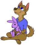  anthro blep blue_eyes bottomless brown_fur canid canine canis clothed clothing color_edit colored cub domestic_dog edit felicity_longis female fur lagomorph leporid mammal misterpickleman plushie rabbit shirt simple_background sitting smile solo taylor_knight tongue tongue_out topwear young 