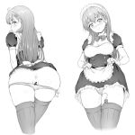  1girl alternate_costume anus ass bar_censor blush censored commentary enmaided gloves greyscale kantai_collection lifted_by_self long_hair looking_at_viewer maid maid_headdress monochrome oonaka_ito panties panty_pull pussy_juice skirt skirt_lift suzuya_(kantai_collection) thighhighs thighs underwear vibrator vibrator_under_clothes vibrator_under_panties white_background 