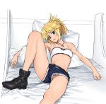  1girl absurdres ankle_boots bandeau bangs bare_legs bare_shoulders belt blonde_hair blue_eyes blush boots braid breasts commentary_request denim denim_shorts fate/apocrypha fate_(series) french_braid head_tilt highres ikezawa_shin jewelry knee_up looking_at_viewer lying midriff mordred_(fate)_(all) on_back on_bed panties panty_peek pendant ponytail short_hair short_shorts shorts sleeveless small_breasts underwear white_panties 