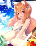  1girl absurdres animal_ear_fluff animal_ears bare_arms bare_shoulders between_legs bikini blue_sky blush breasts brown_eyes brown_hair cleavage cloud cloudy_sky collarbone commentary_request day fang flower fox_ears fox_girl fox_tail hair_ornament hair_scrunchie hairclip hand_between_legs highres knee_up long_hair looking_at_viewer mayogii medium_breasts open_mouth original outdoors red_flower scrunchie sitting sky solo striped striped_bikini striped_scrunchie swimsuit tail tail_raised twintails 
