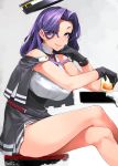  1girl bare_arms bare_legs black_dress black_gloves breasts dated dress drinking from_side gloves grey_background hair_intakes hair_over_one_eye hand_on_own_chest happa_(cloverppd) kantai_collection large_breasts looking_at_viewer medium_hair pleated_skirt purple_eyes purple_hair remodel_(kantai_collection) shrug_(clothing) signature simple_background sitting skirt smile solo striped striped_skirt tatsuta_(kantai_collection) two-tone_dress white_dress 