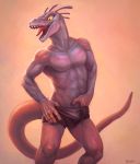  2016 abs anthro biceps claws clothed clothing digital_media_(artwork) hi_res klongi lizard looking_at_viewer male muscular muscular_male open_mouth pecs portrait pose purple_scales red_scales reptile scales scalie simple_background solo standing teeth three-quarter_portrait tongue tongue_out topless underwear yellow_sclera 