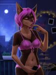  2018 5_fingers anthro bra breasts brown_fur canid canine canis clothing detailed_background digital_media_(artwork) domestic_dog fur hair hi_res littlemomoko looking_at_viewer mammal midriff moon navel night outside panties pink_hair sky solo star starry_sky underwear yellow_eyes 