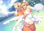  23_(real_xxiii) 2girls ahoge ahoge_girl_(23) blonde_hair blue_eyes blue_sky bouquet breasts bridal_gauntlets church cleavage cloud cloudy_sky commentary_request couple covered_nipples dark-skinned_girl_(23) dark_skin day dress dutch_angle elbow_gloves field flower gloves hair_flower hair_ornament highres huge_breasts jewelry large_breasts multiple_girls muscle muscular_female open_mouth original outdoors ring sky smile tan thighhighs toned tree wedding_band wedding_dress white_footwear white_legwear wife_and_wife yuri 