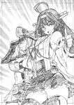  2girls absurdres ahoge bangs bismarck_(kantai_collection) breasts closed_mouth detached_sleeves double_bun frilled_skirt frills gloves graphite_(medium) greyscale hairband hat headgear highres japanese_clothes kantai_collection kojima_takeshi kongou_(kantai_collection) long_hair military military_hat military_uniform monochrome multiple_girls nontraditional_miko open_mouth panties peaked_cap pose ribbon-trimmed_sleeves ribbon_trim sideboob skirt thumbs_up traditional_media underwear uniform 