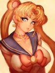  1girl bishoujo_senshi_sailor_moon blonde_hair blue_eyes breasts choker circlet cleavage collarbone commentary_request double_bun earrings fumio_(rsqkr) hair_intakes highres jewelry large_breasts lips looking_at_viewer moon_earrings older pink_choker solo tsukino_usagi twintails upper_body yellow_background 